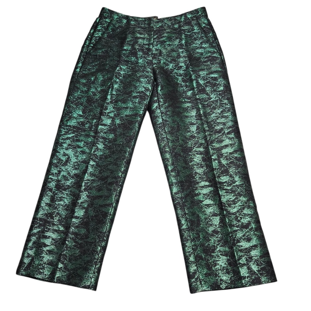 J. Crew Patio Pant Womens Sz 4 Evergreen Metallic Jacquard Lined Cropped